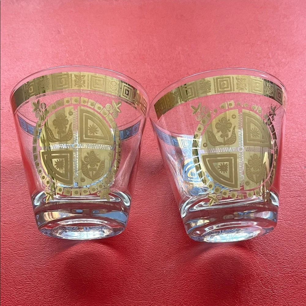 Vtg Mid Century Culver Coronet Double Rocks Tapered Bar Glasses Flower Sun 22K